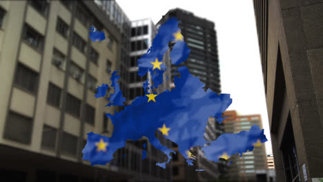 eu flag over eu map against tall buildings