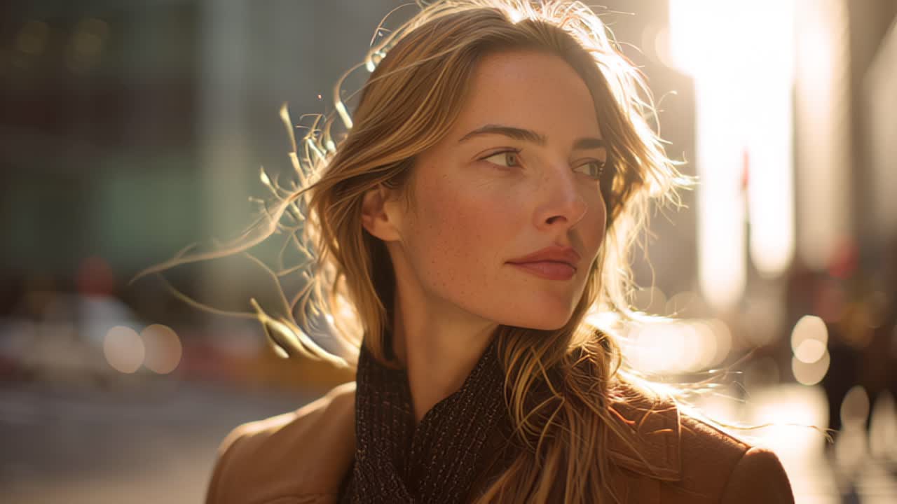 Ritratto ravvicinato cinematografico di una giovane donna all'aperto su una strada urbana all'ora d'oro, in controluce dal sole caldo con un bokeh morbido e una profondità di campo ridotta