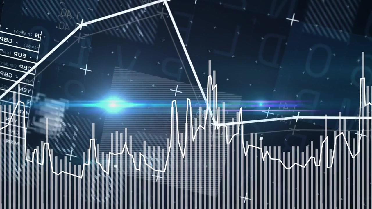 Data cluster pulsing bars spiking waveform peaking in finance flare sweeping polyline drawing trend