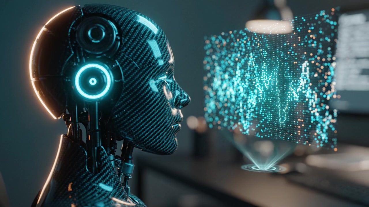 Futuristic Robot Head with Neon Glow and Data Projection in a High-Tech Environment, Showcasing Advanced AI Technology and Digital Interaction in Modern Design