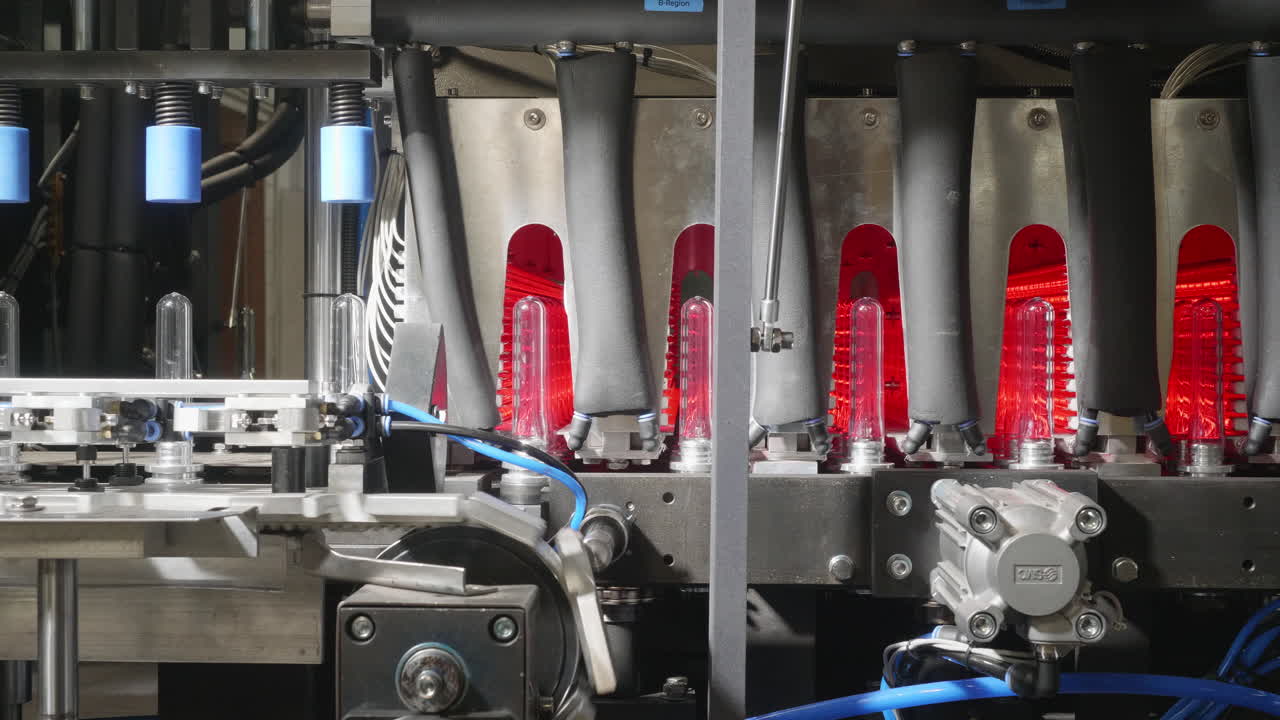 Elements of a robotized production line are moving transparent PET preforms