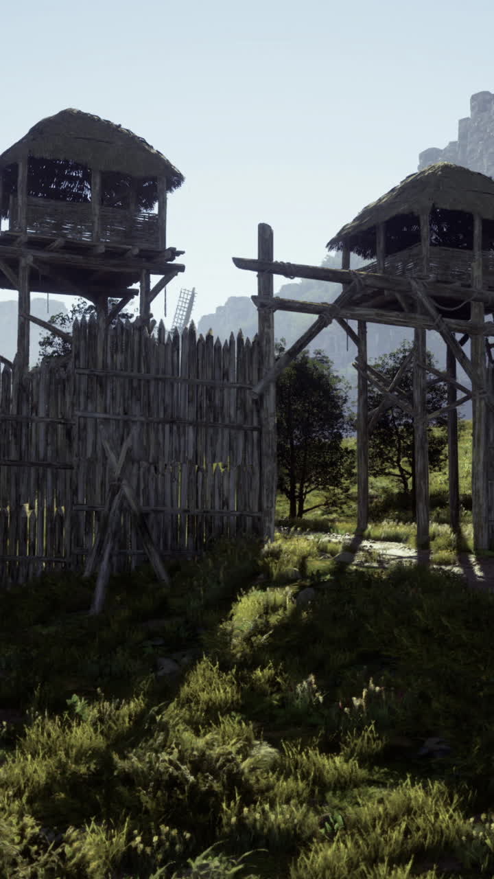 Enchanting medieval fort with watchtowers and lush surroundings at dawn