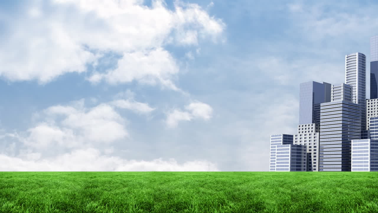 Animazione di un paesaggio urbano su un cielo con nuvole