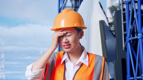 close up of asian female engineer with safety helmet having a headache while working with space shuttle