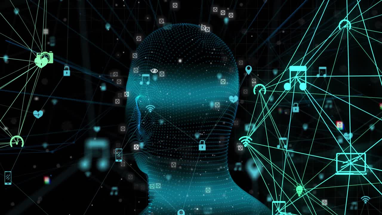 animación de la cabeza humana girando con redes de conexiones de interfaz digital