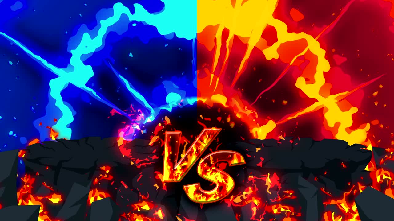 만화 화재 애니메이션. 불꽃 루프 배경. 경쟁. 전투 게임. 아이콘에 대항. 아이콘과 대결.