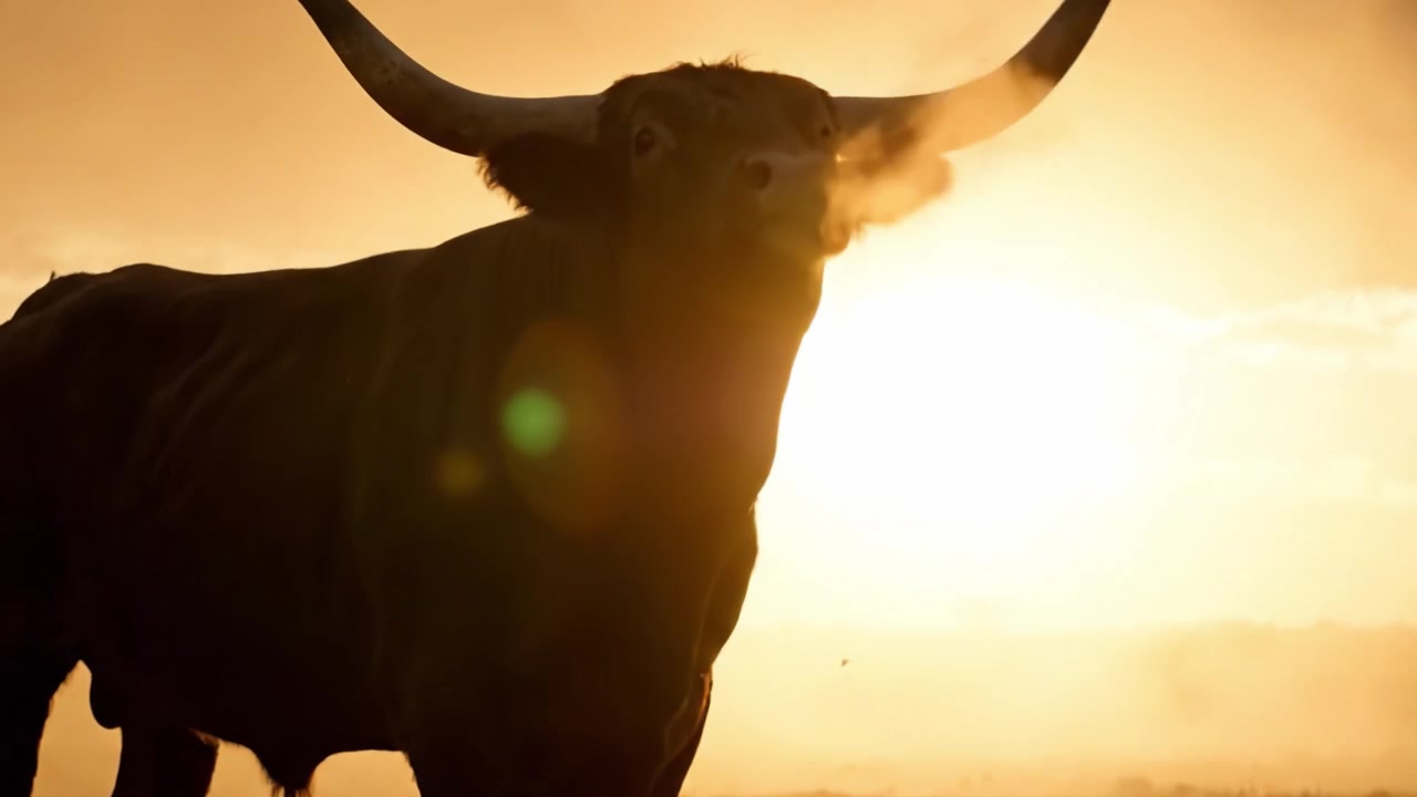 Impressionante Silhouette di un Toro Contro un Tramonto Maestoso, Catturando l'Essenza della Bellezza e della Potenza della Natura in un Ambiente Tranquillo con uno Sfondo Glorioso