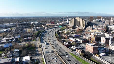 panoramic aerial view of traffic on downtown connector interstate highway during the daytime, atlanta, georgia, usa