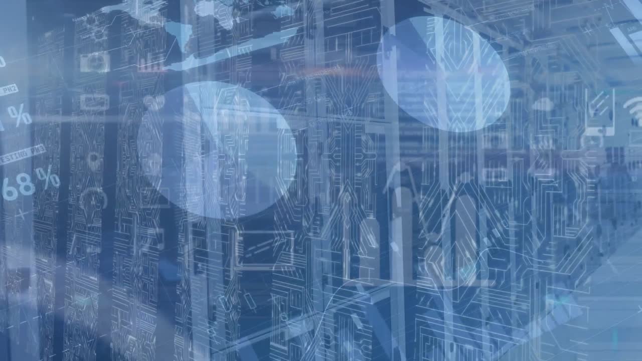 Animation of icons and data processing over server room