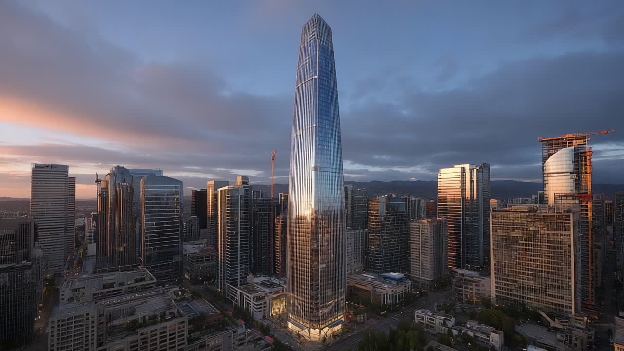 Uno splendido paesaggio urbano al crepuscolo: la maestosa torre che risplende in mezzo a uno skyline cittadino brulicante di architettura moderna e brillantezza.