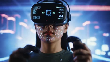an engaging virtual reality experience: a user immersed in a high-tech environment with advanced headset and controllers, preparing for an exciting digital adventure