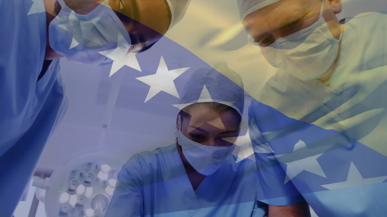 animación de una bandera de bosnia y herzegovina ondeando sobre un equipo de cirujanos que realizan una cirugía en un hospital