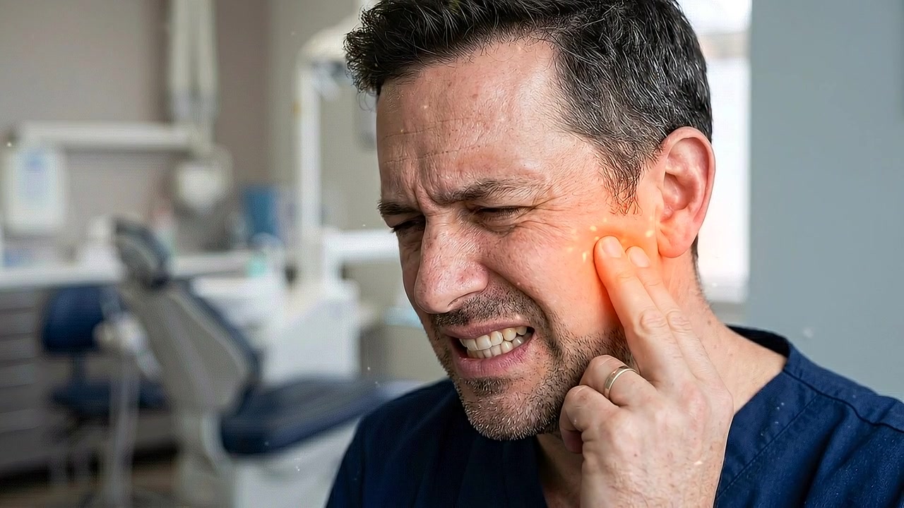 Uomo che si tiene guancia e mascella doloranti all'interno di una luminosa stanza medica in prospettiva medica