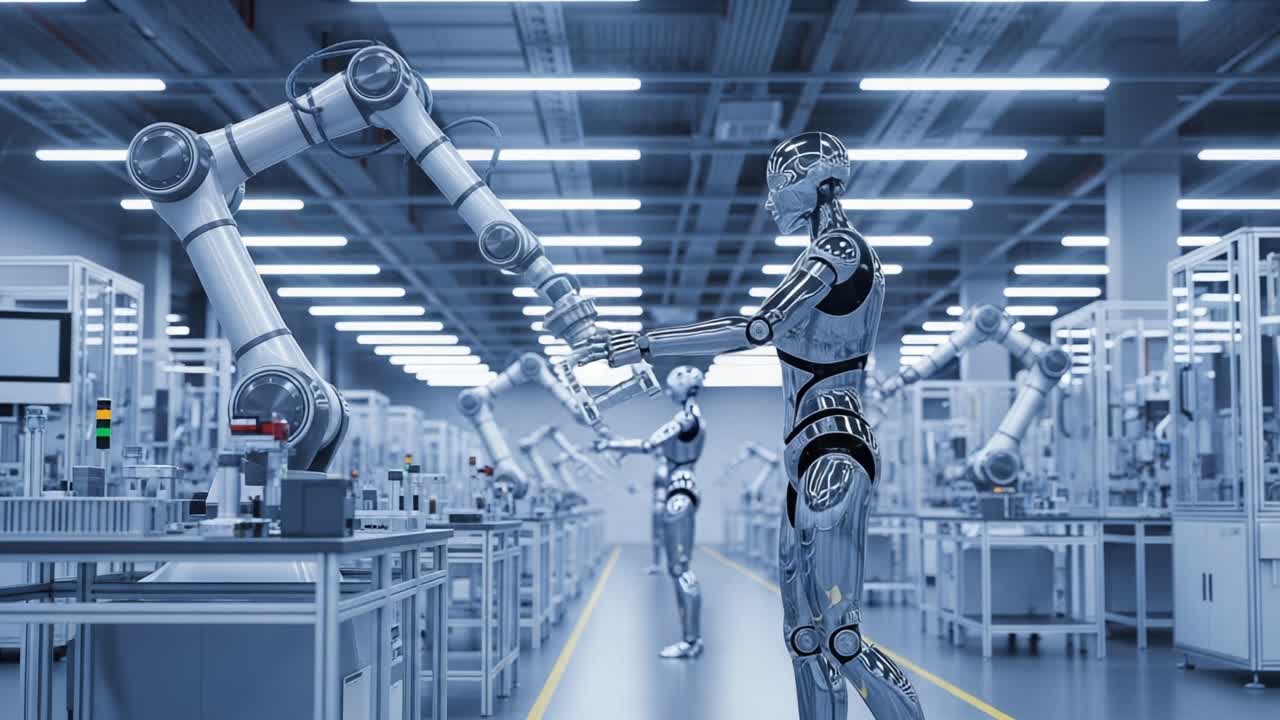 A Futuristic Factory Scene Featuring Advanced Robotic Arms Collaborating with Humanoid Robots in a High-Tech Manufacturing Environment