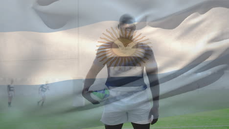 animation of flag of argentina over diverse male rugby players