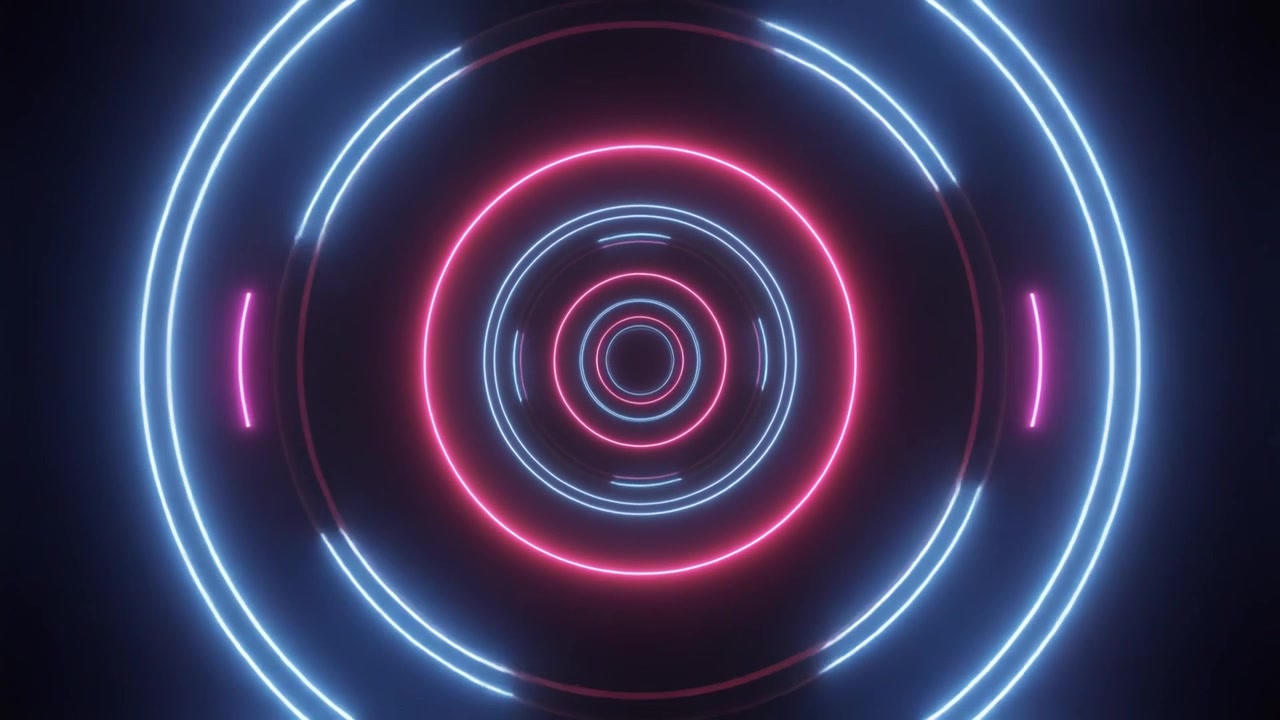 Cerchi al neon astratti pulsanti nello spazio buio