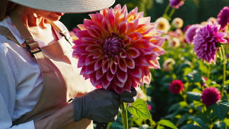 woman harvesting vibrant dahlias in a flower field