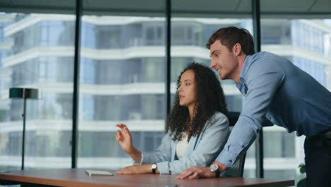 progressive colleagues manipulating invisible display at office. future reality