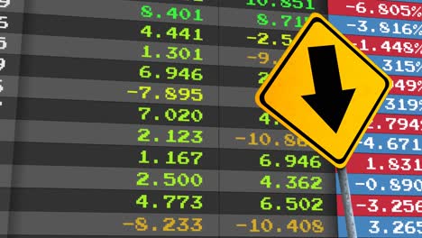 animation of financial data processing and yellow road sign with arrow