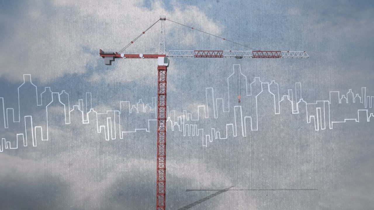 boceto del paisaje urbano sobre una grúa de construcción alta contra las nubes en el cielo azul