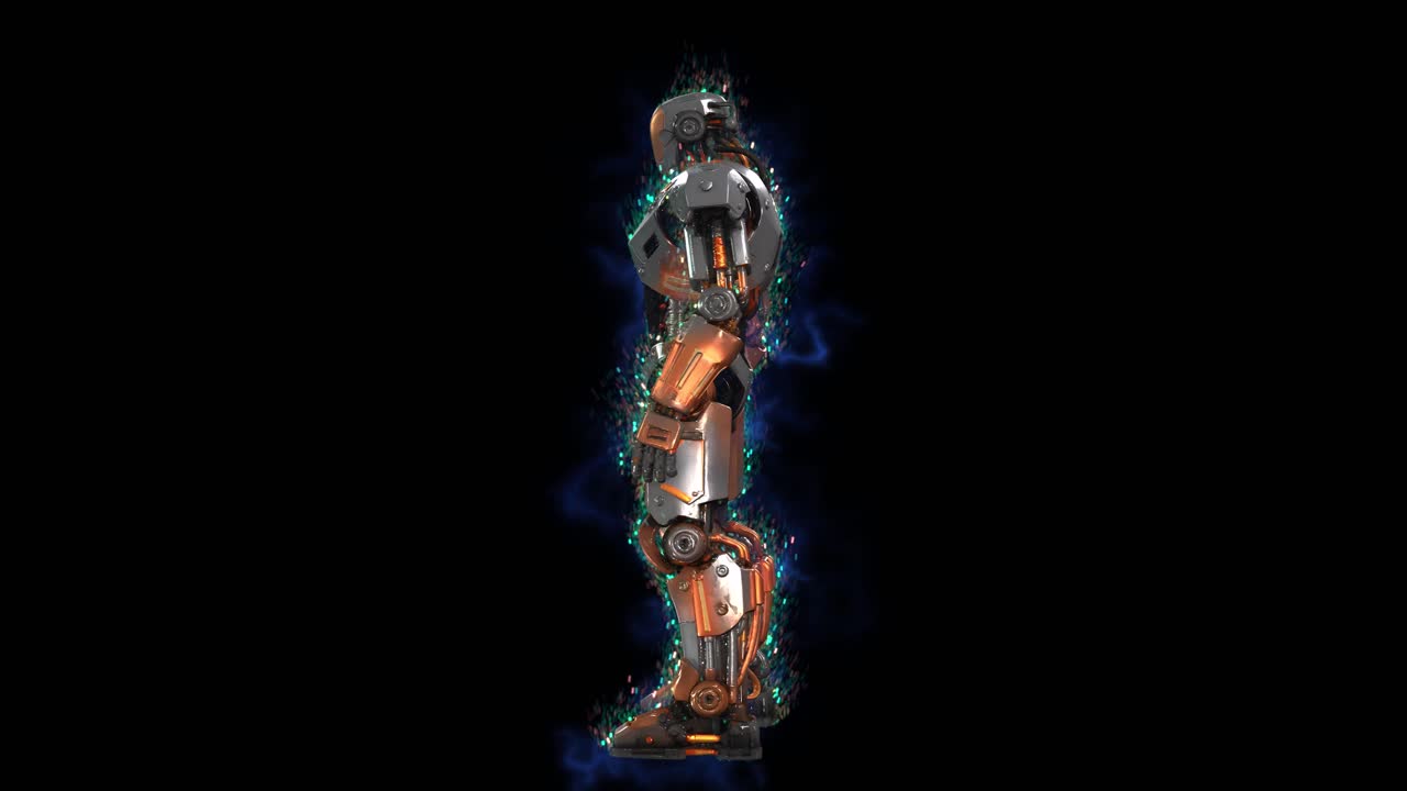 Highly detailed 3D humanoid robot design 07, with a sleek metallic body, articulated joints, and glowing energy accents rotating 360 degrees on a dark background. Ideal for AI and sci-fi concepts