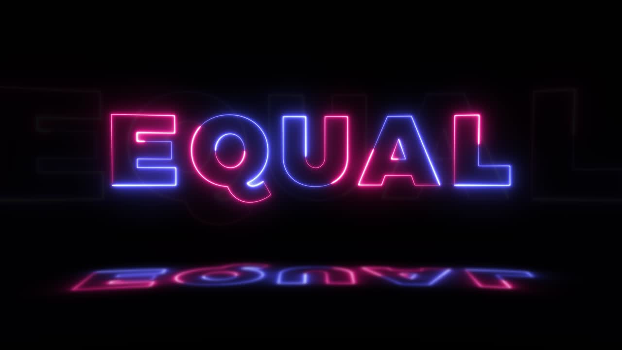 neón brillante palabra 'igual' en un fondo negro con reflejos en un piso. signos de brillo de neón en gráfico de movimiento de bucle sin costuras