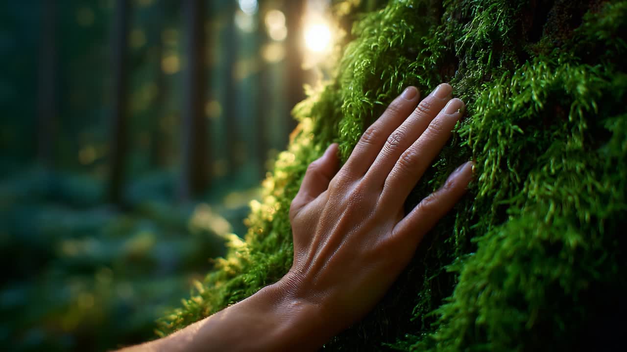 A Tranquil Moment: Experiencing Nature's Touch with a Hand Gently Pressed Against Lush Green Moss on a Tree, Bathed in Soft Golden Light Filtering Through the Forest Canopy, Creating a Serene Atmosphere