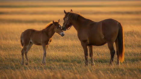 a tender moment between a mother horse and her foal in a golden meadow at sunset, capturing the love and bond of equine family life