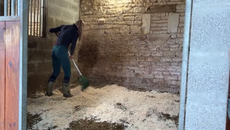 girl spreading out horse bedding shavings with a pitchfork in a stables box