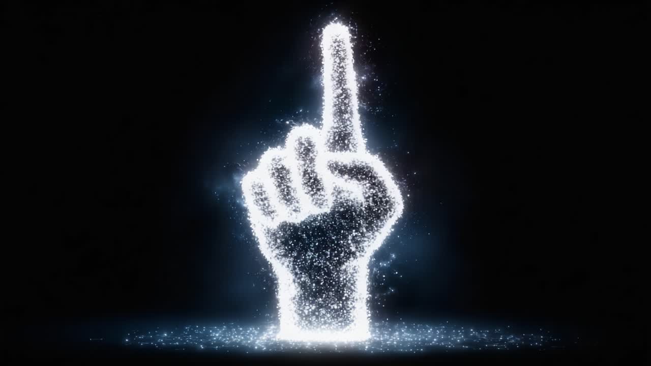 Una forma di mano luminosa che emana particelle scintillanti, rappresentando unità, forza ed espressione attraverso un gesto con un singolo dito alzato su uno sfondo scuro