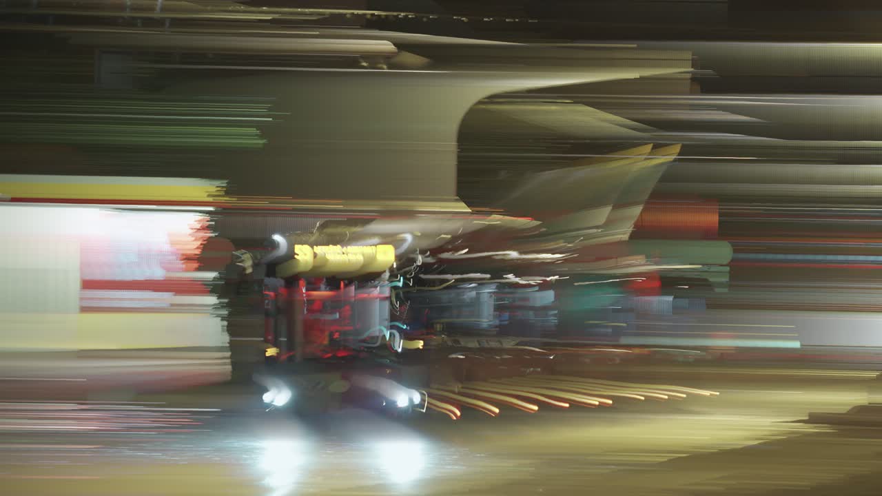 거리는 밝은 빛의 줄무로 빛납니다. 자동차가 빠르게 지나가면서 밤에는 다채로운 선을 남니다.