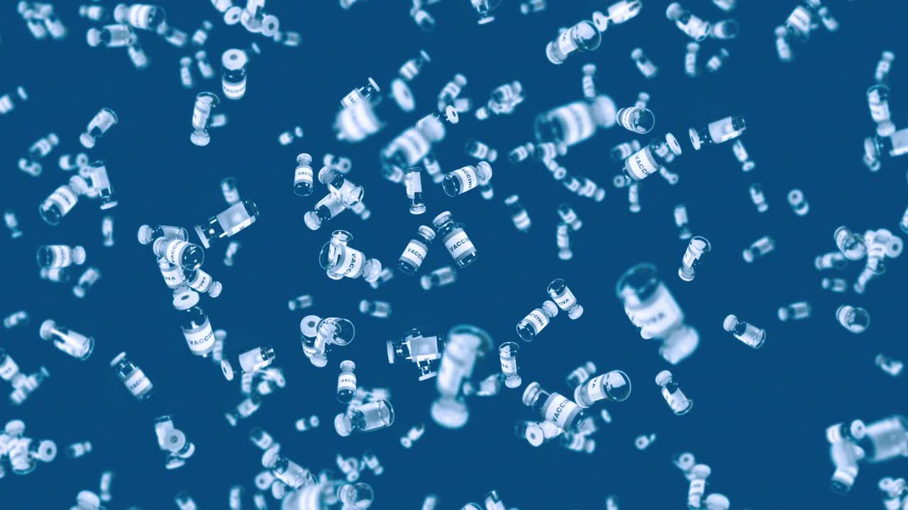 파란색 배경에 많은 백신 병을 날려. 의학 개념. 바이러스 치료. 투명한 액체. 백신의 3d 루프 애니메이션.