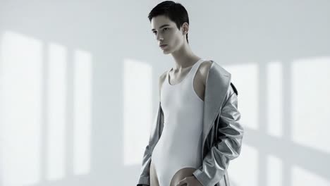 a model posing in a minimalist setting, showcasing unique apparel in a monochromatic color scheme with elegant lighting and subtle shadows highlighting the form