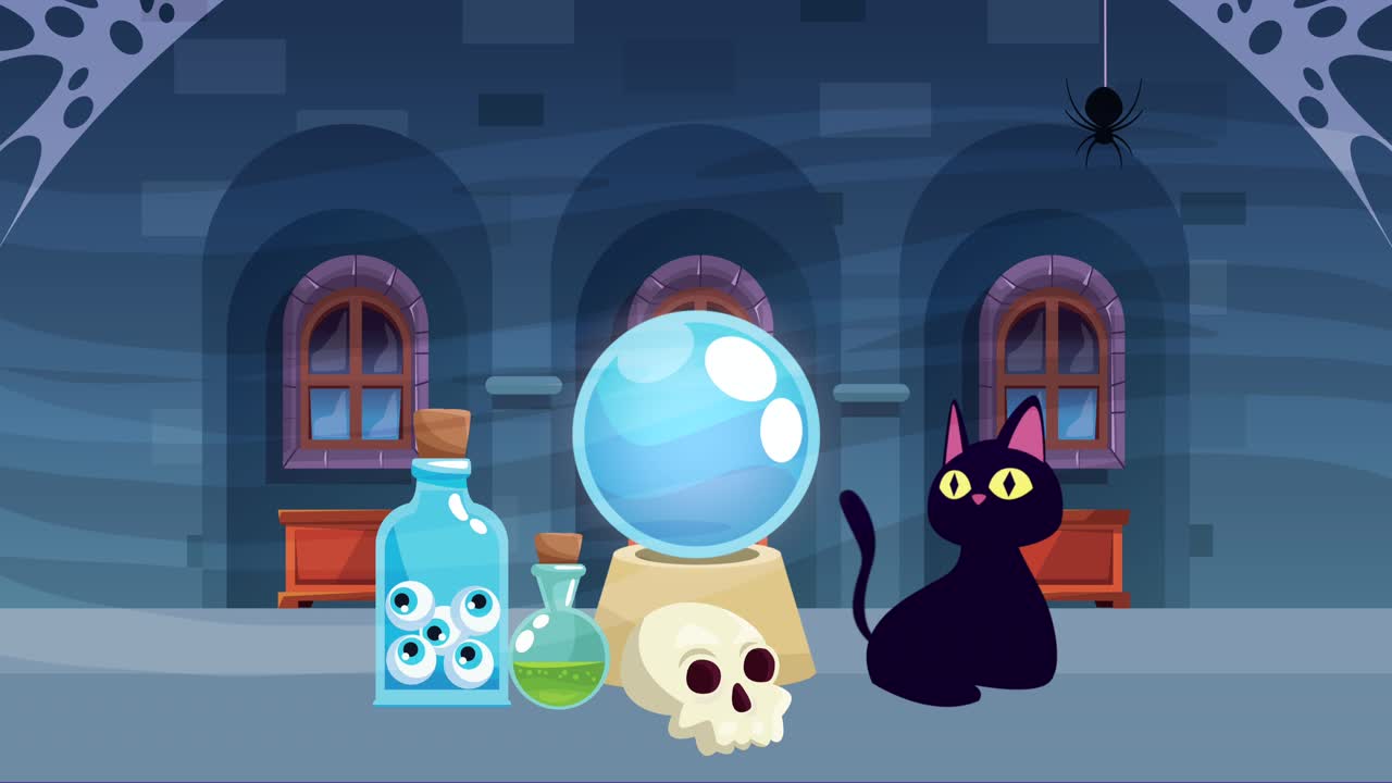 고양이와 마녀 요소와 함께 행복한 할로윈 애니메이션 장면