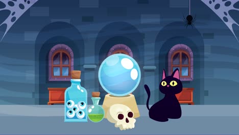feliz escena animada de halloween con elementos de gato y bruja