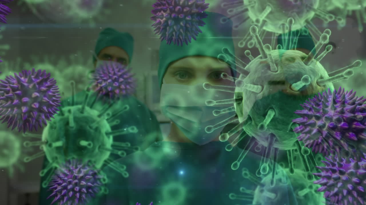 animación de la propagación del coronavirus covid19 con trabajadores de la salud en el fondo