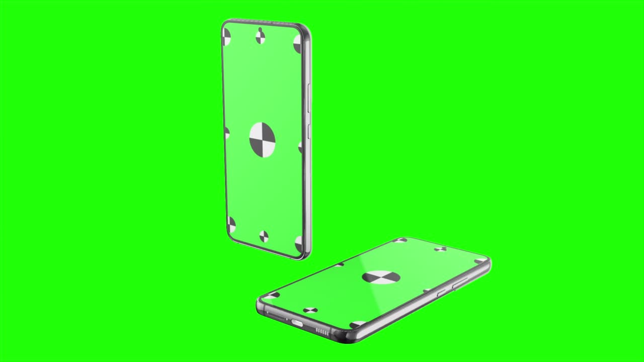 3D render of two smartphone with a green background. Rotating in screen. With a green screen for easy keying. Computer generated image. Easy customizable.