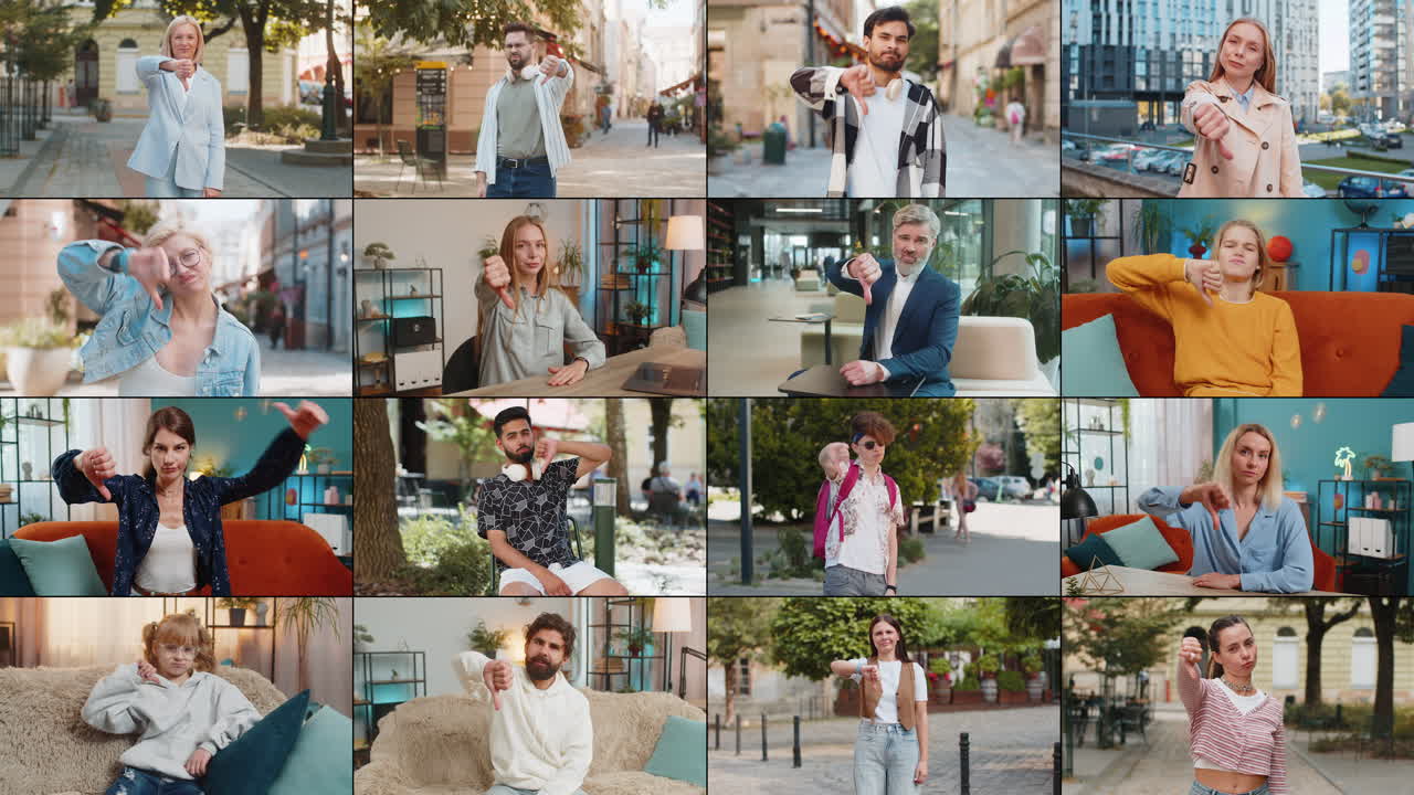 коллаж расстроенных разочарованных разнообразных людей дает большой палец вниз негативную обратную связь неодобрение неудача потерять