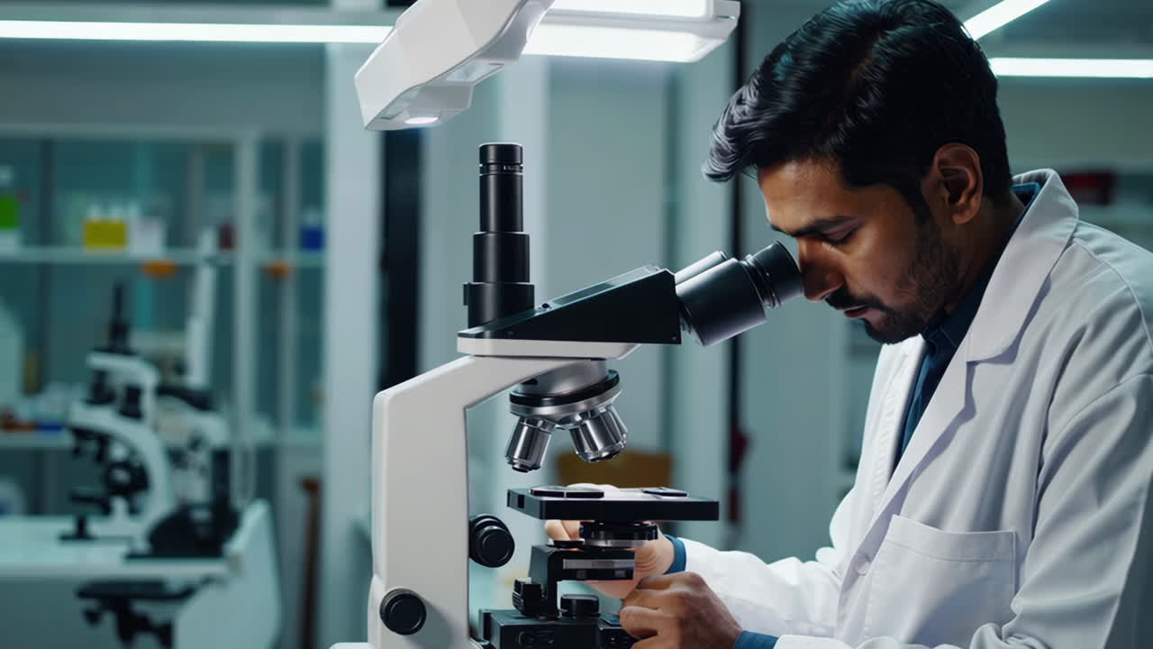 Scientist working with a microscope in a laboratory | Premium Stock ...