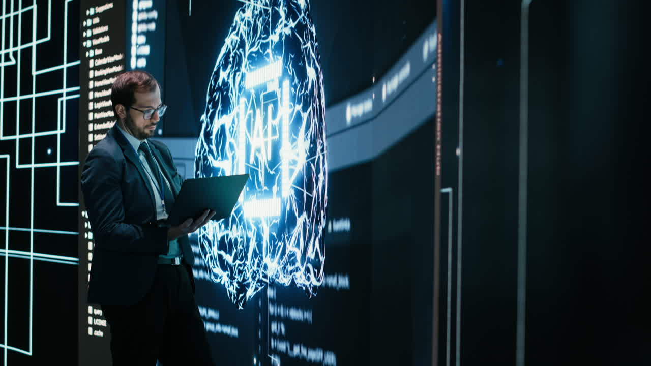 Businessman Interacting with Digital Brain Display in High-Tech Environment