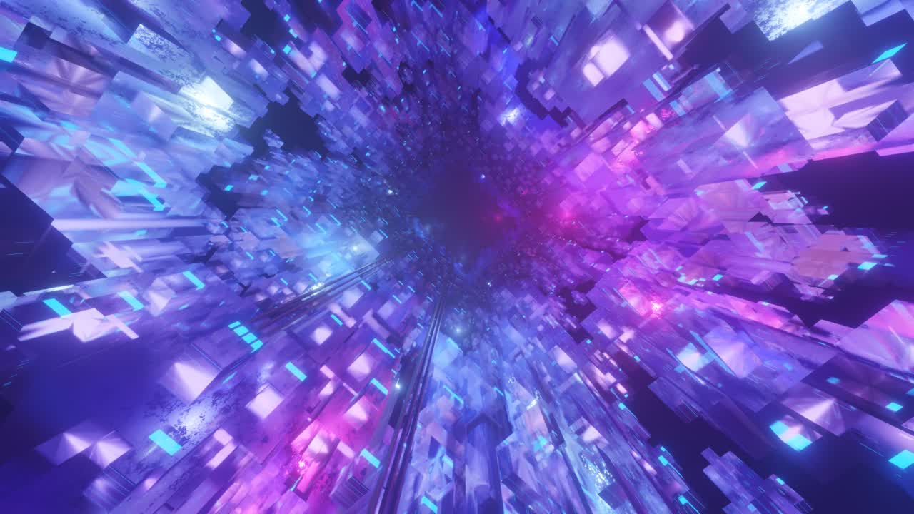 volar a través del ciberespacio tecnológico con brillo de neón. construcciones de ciencia ficción, objetos misteriosos en 3d en la niebla. vuelo de ciencia ficción a través de túneles de tecnología de alta tecnología. holograma y luz de neó. 3d en bucle sin costuras 4k bg