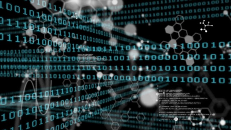 Animation of shapes and data processing on black background