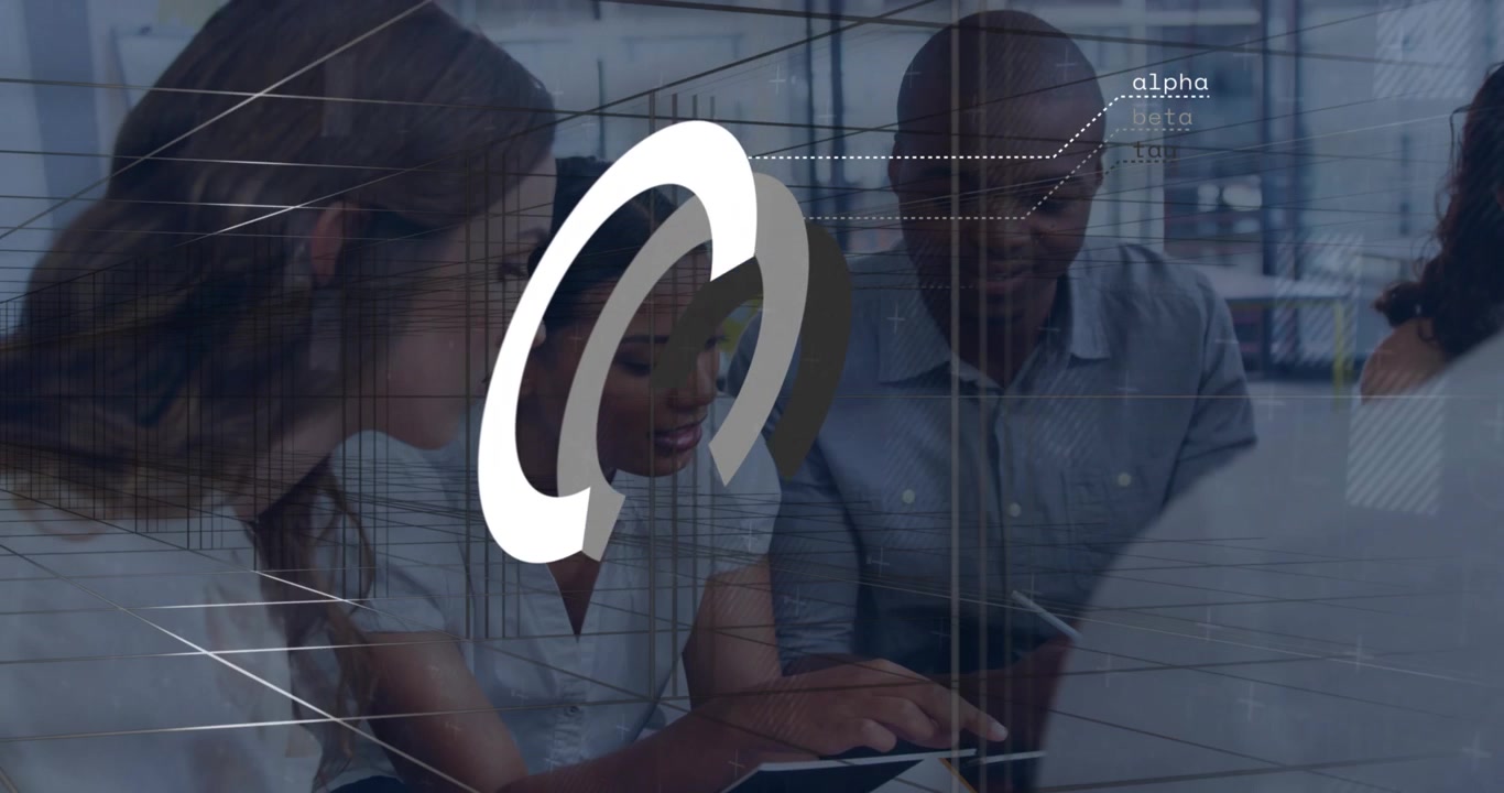 Business team leaning forward, central woman tapping tablet, generating data graphic for analysis