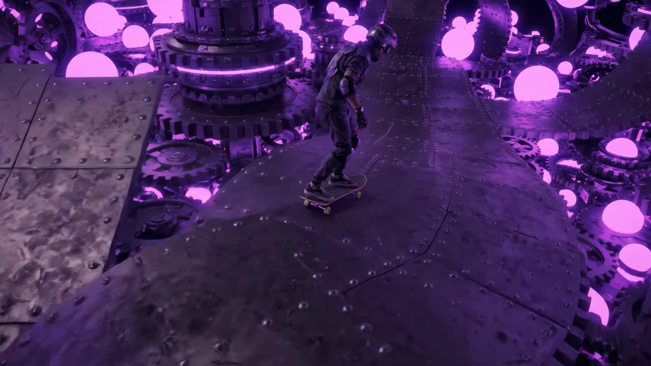Animated Skateboarder Riding Through a Glowing Purple Industrial World