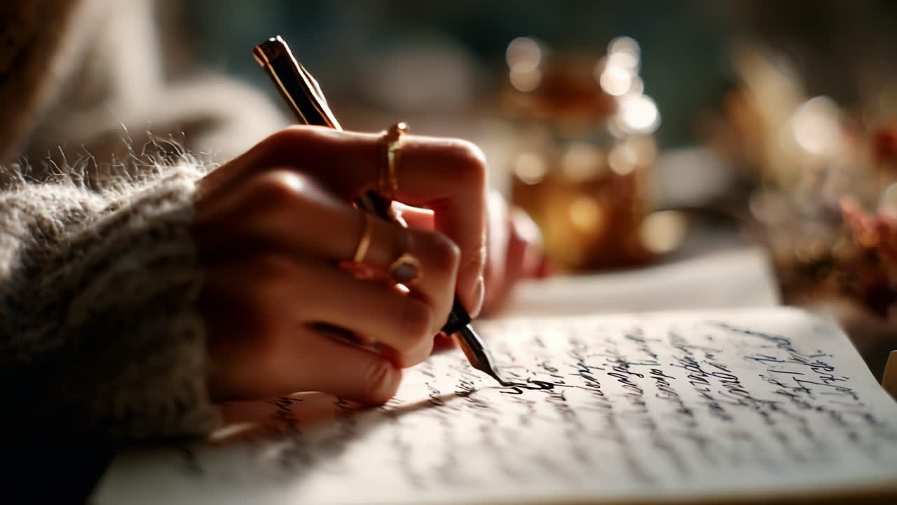An Intimate Moment of Writing: A Close-Up of a Hand Carefully Penning Thoughts on Paper in a Cozy Atmosphere, Capturing the Essence of Creativity and Reflection