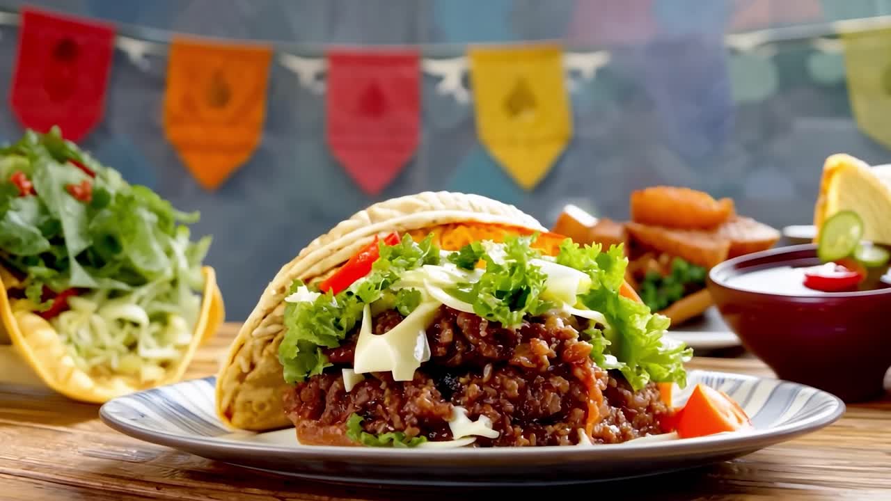 Close-up de um delicioso taco de carne com queijo, alface e tomate