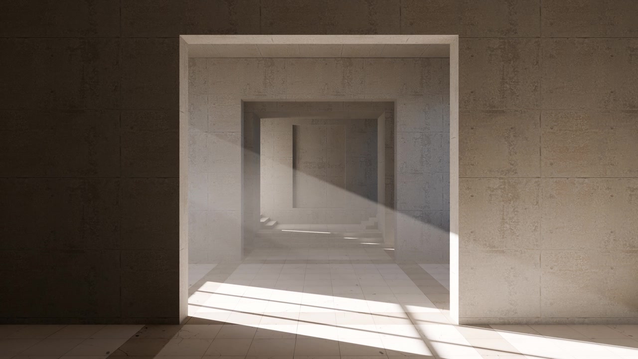 Luce solare che filtra attraverso archi di cemento in un interno minimalista.
