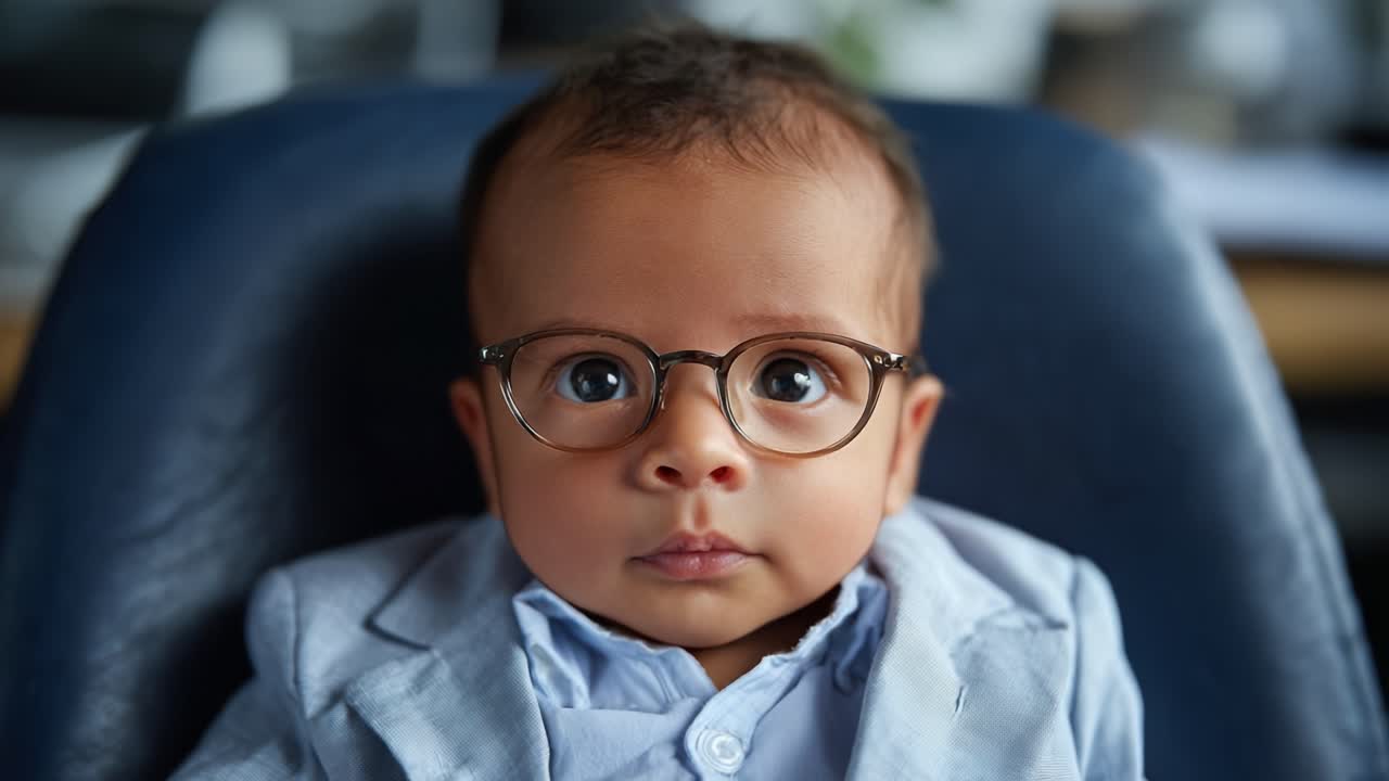 Bebè adorabile con occhiali e vestito seduto su una sedia, che mostra curiosità e intelligenza in un ambiente interno affascinante