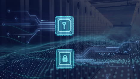 Animation of padlock and key icons and data processing over computer servers