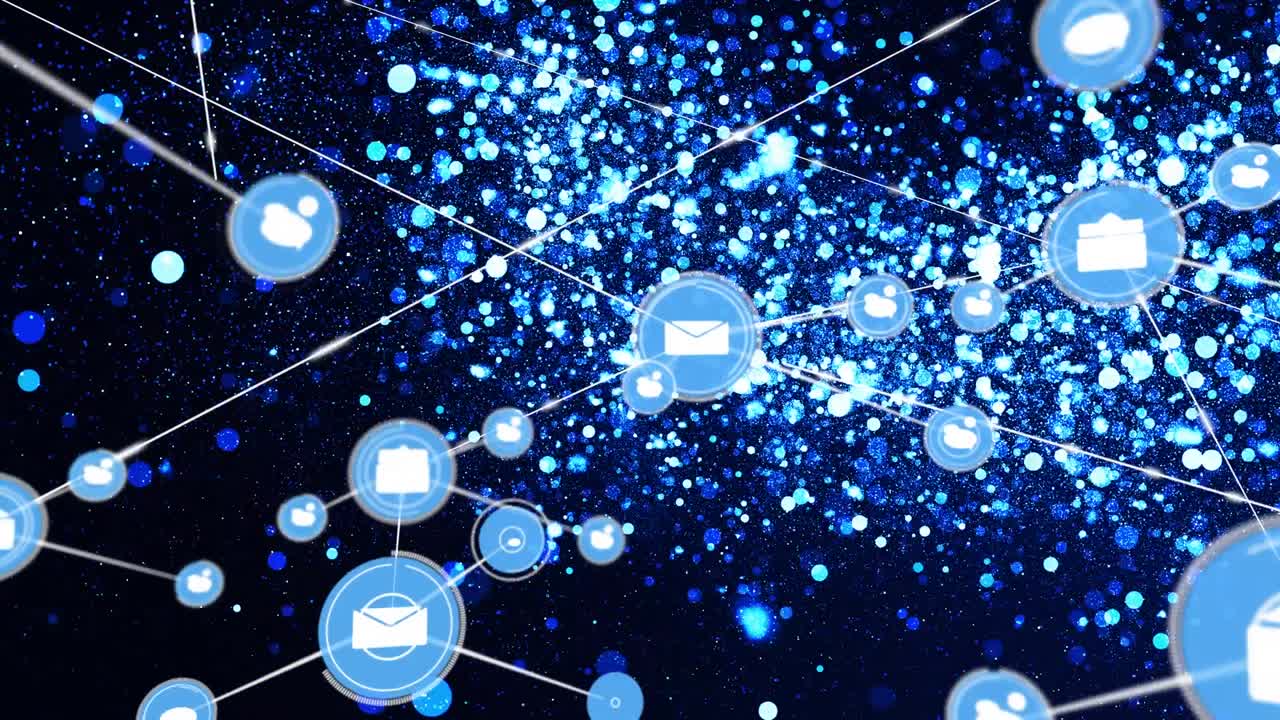 Animation of network of connections of email icons on blue and black background